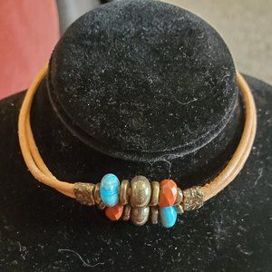 8" Tan Leather Bronze Glass Bead Bracelet Simple